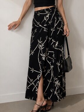 Daiquiri Black & White Bamboo Print Wrap-Front Maxi Skirt